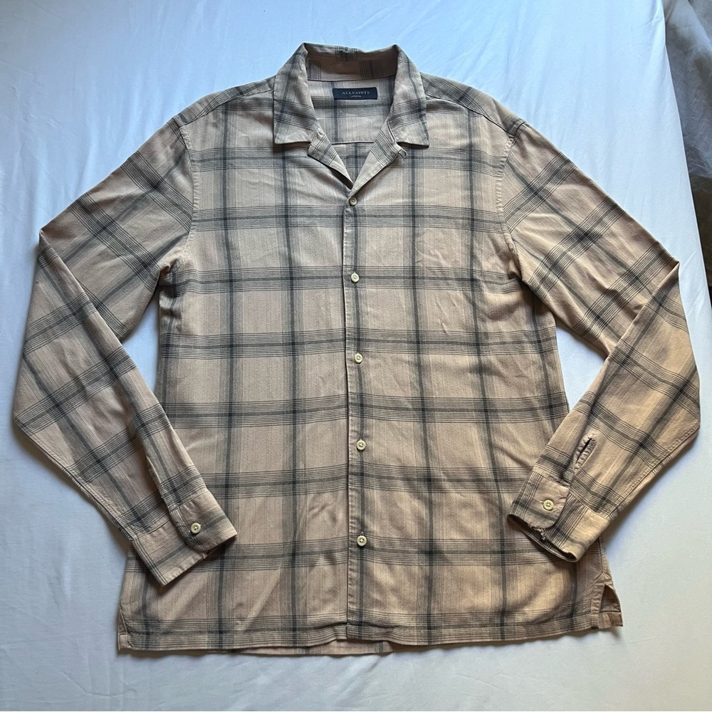 ALLSAINTS tan nude viscose cotton plaid long sleeve button up shirt